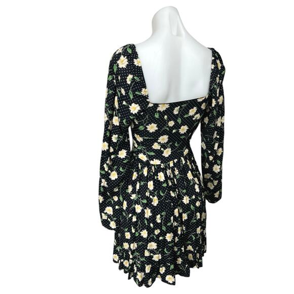 Asos Collusion Black Floral Dotted Long Sleeve Sweetheart Smocked Mini Dress 0 - Picture 2 of 5